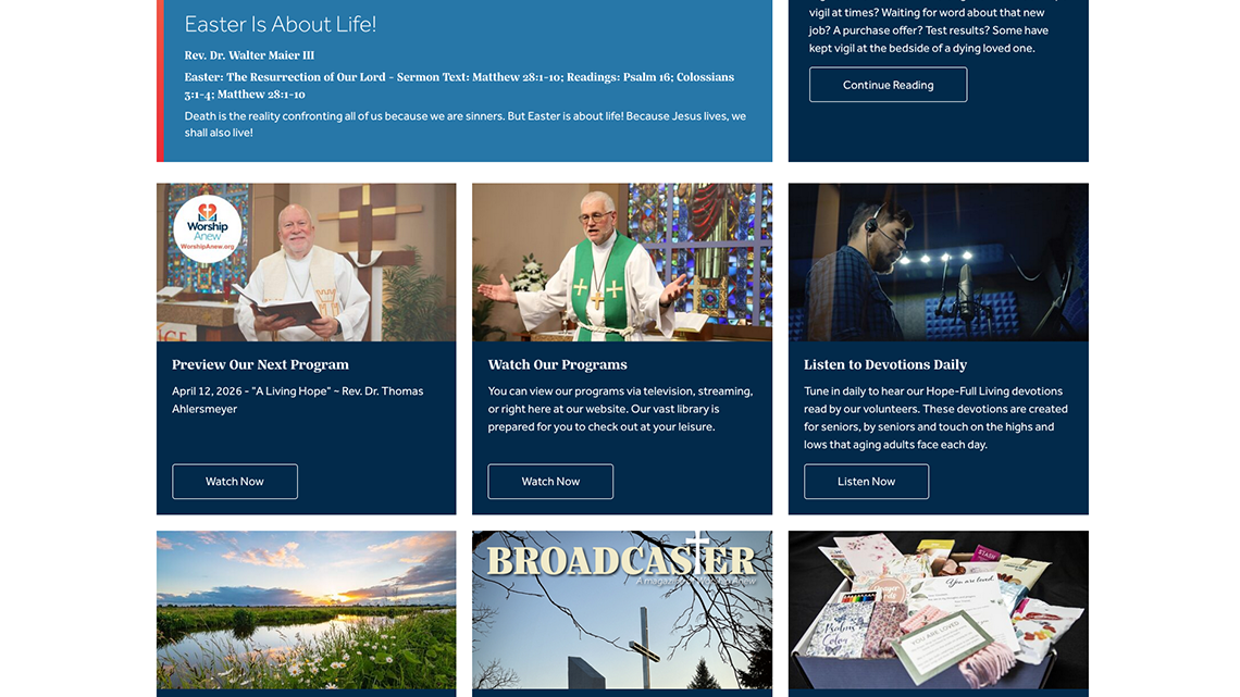 Worship Anew program cards and content grid