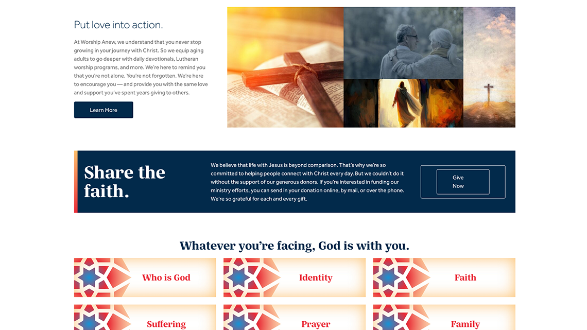 Worship Anew care and giving sections